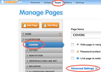 selecting page for page SEO in weebly