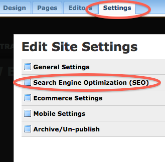 selecting weebly site SEO, site settings